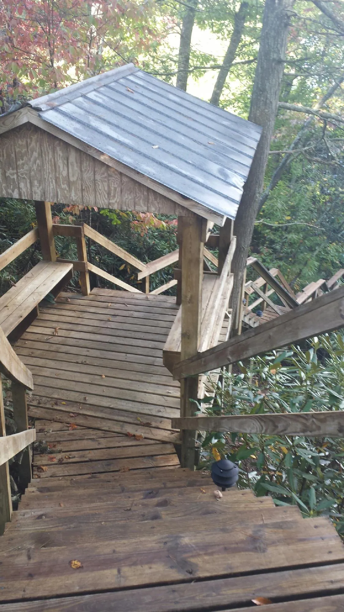 Metal roofed shelter over wooden steps on a wooded walkway — Skylight Repair & Installation work by our crew in Jacksontown